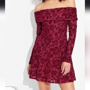 Women's Long Sleeve Flocked Mini Fit and Flare Holiday Dress - Wild Fable Cherry